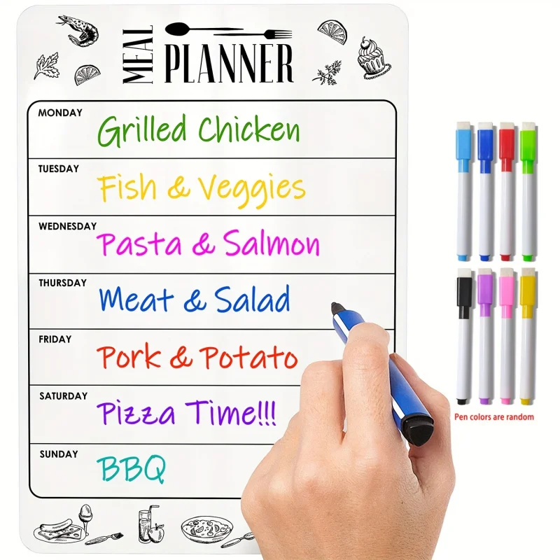 Refrigerator Reusable Magnetic Dry Eraser Meal Planner Set - Magnetic Weekly Menu Board - Magnetic Menu Whiteboard
