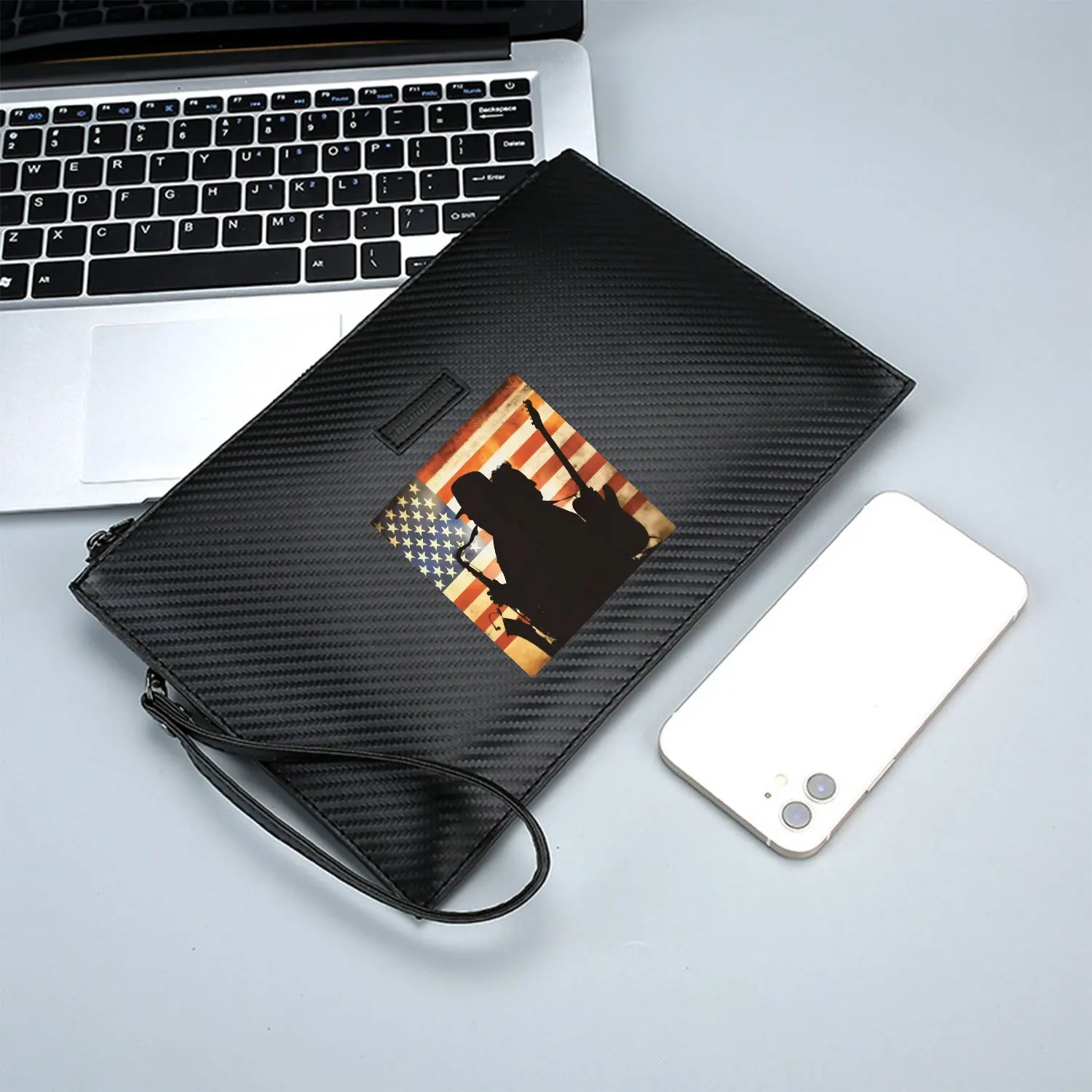 Musicisti Bandiera degli Stati Uniti Silhouette Elegante borsa da uomo in PU stampata Alla moda e pratica per il trasporto quotidiano