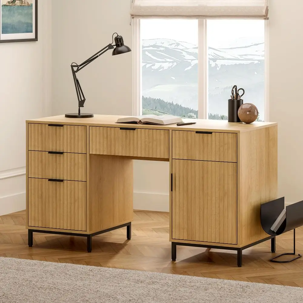 

55 Fluted Executive Desk, Modern Home Office Desk with Charging Station, Keyboard Tray, File Drawer, Storage Cabinet for Work S