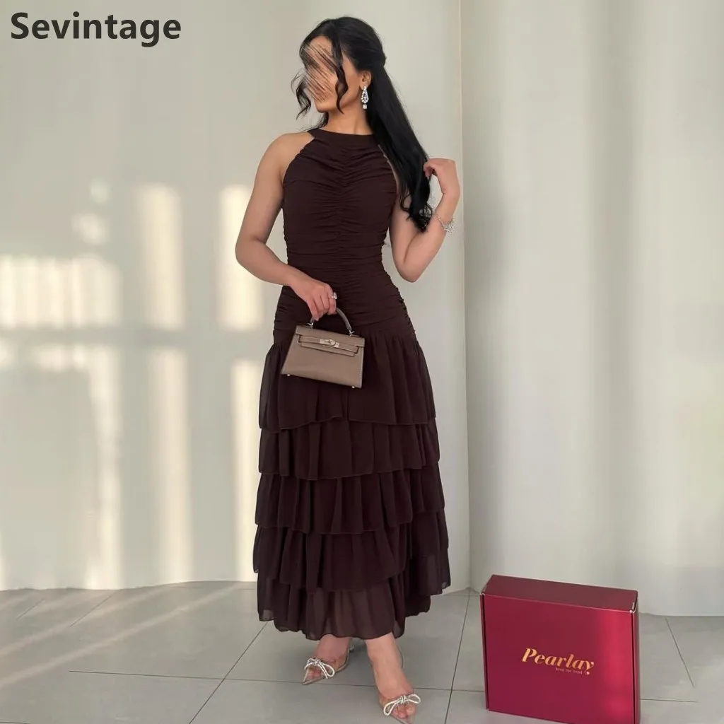 

Sevintage 2025 Brown Chiffon Ankle Length Evening Dress Halter Neck Wedding Formal Prom Dress Dubai Party Gown Customized
