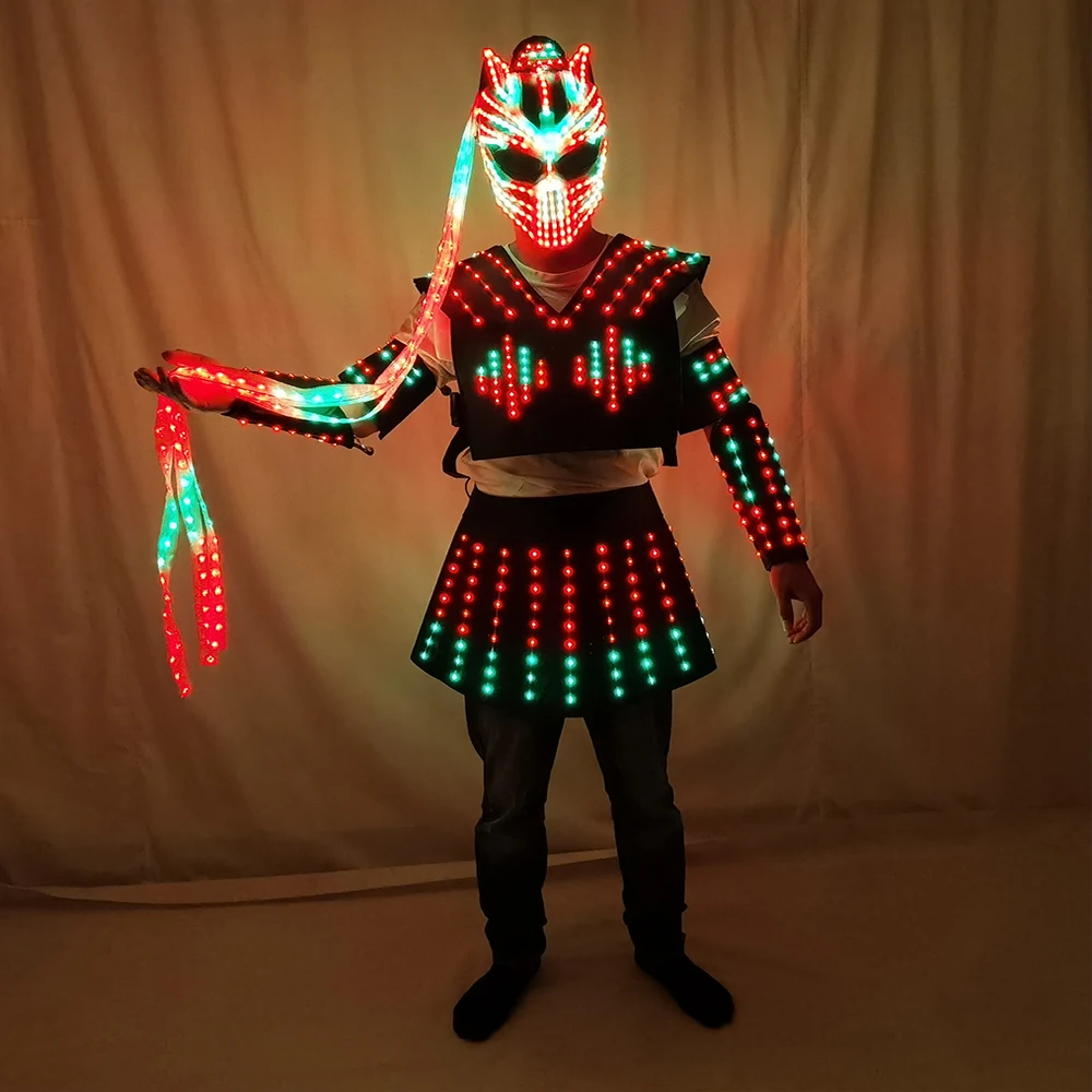 Full Color Women\'s LED Robot Suit Costume Traje LED Lights Luminous Skirt Dress Jacket Performance Wear Helmet