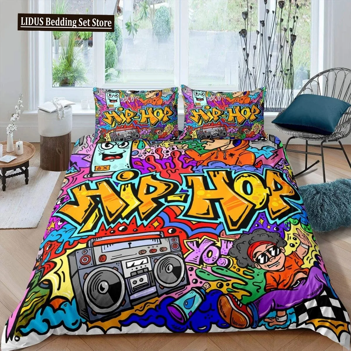 Graffiti Duvet Cover For Teens Boys Hip Hop Art Comforter Cover Rock Music Sports Bedding Set Quilt Cover Set Queen Size