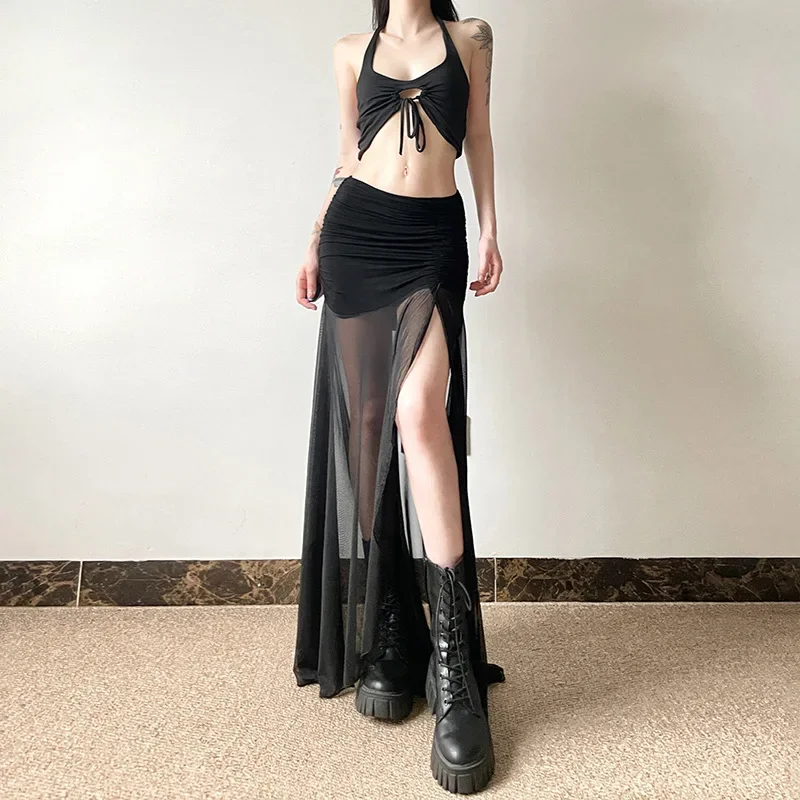 

Mall Goth High Waist Mesh Patchwrok Mid Skirts Sexy Hem Split Ruched Bodycon Skirt E-girl Y2K Streetwear Alt Bottoms