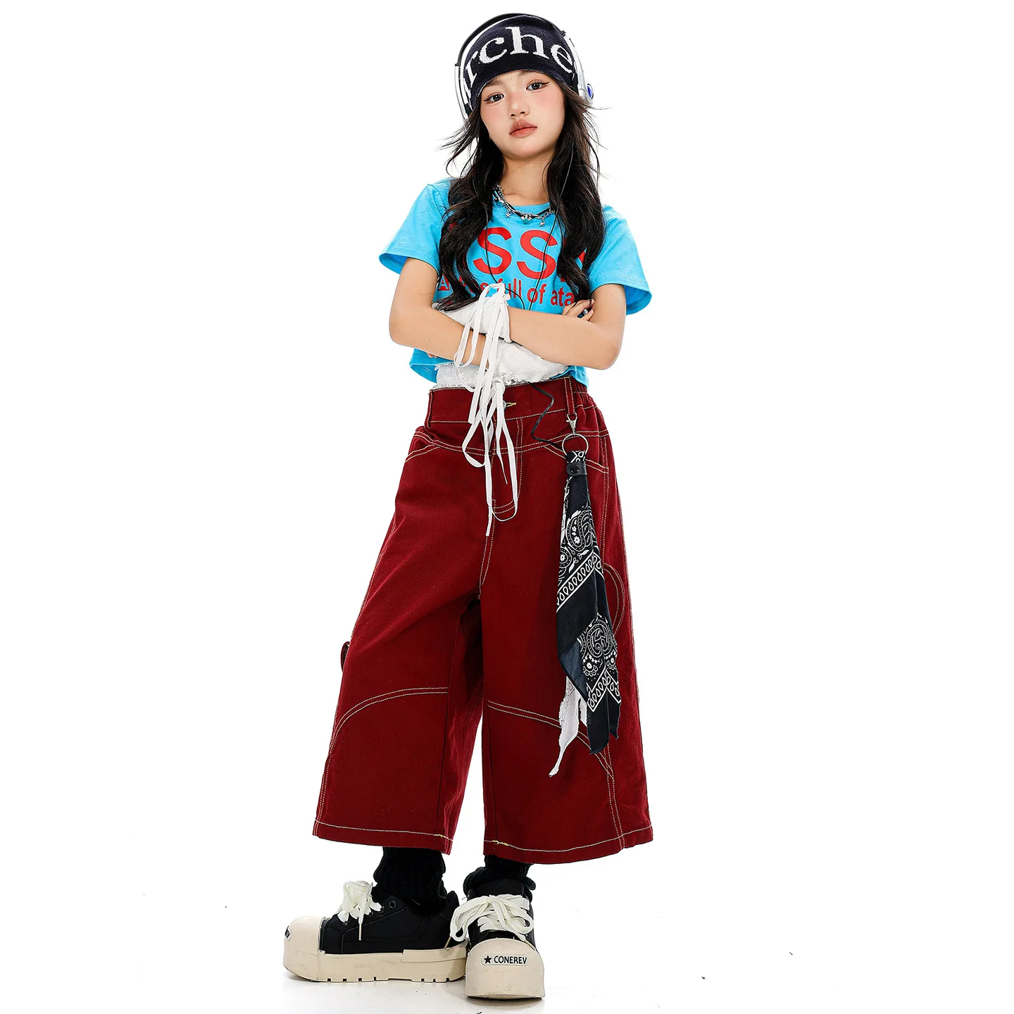 

Kid Kpop Hip Hop Clothing Blue Crop T Shirt Top Wine Red Casual Wide Leg Pocket Capri Pants for Girls Jazz Dance Costume Clothes