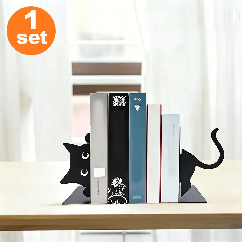 1 Pair of Creative Black Cat Bookends, Adjustable, Compact and Aesthetically Pleasing, with Rounded Corners, Suitable for Notebooks, Novels, Magazines, Dictionaries, and Picture Albums