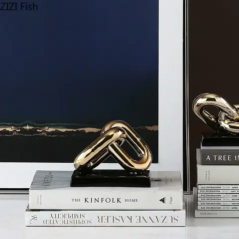 Nordic Golden Chain Statue Office Study Desktop Decor Ceramics Ring Chain Crafts Statuette Porcelain Crafts Home Decoration