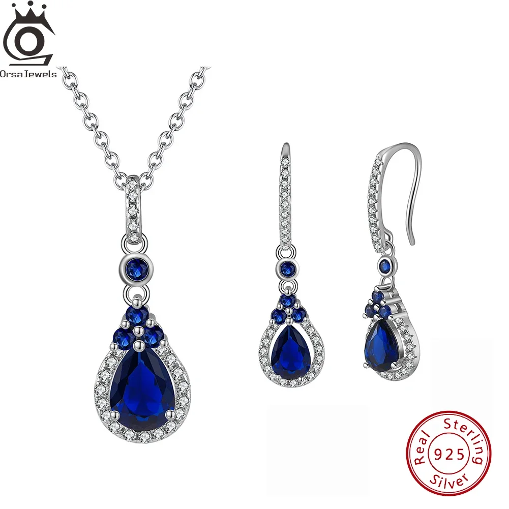 

ORSA JEWELS стерлингового серебра 925 пробы модный комплект ювелирных изделий с сапфиром ретро серьги с цирконием ожерелье аксессуары женский подарок LZE12