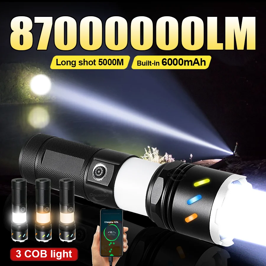 

Сверхмощный светодиодный фонарь 87000000LM, дальность 6000 м, ультраяркий, с кронштейном, зуммируемый, портативный светильник