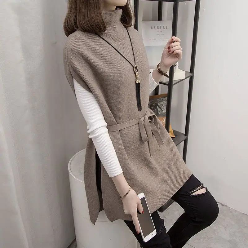 Women Turtleneck Solid Midi Sweater Vest Pullover Winter Knitted Side Split Dress Loose Waistcoat Female Top Sweater Vest Korean