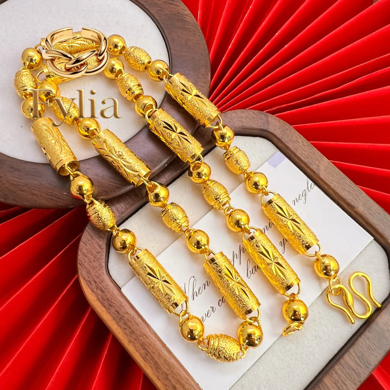 Fylia Jewelry   Popular 9999 necklace  24K genuine and fake cylindrical olive beads family portrait 8N chain hollow cylindrical
