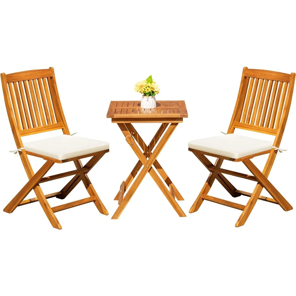 3-Piece Pátio Folding Bistro Set com 2 Almofadas, Acacia Wood Almofadas, Piscina, Praia, Quintal, Varanda, Alpendre, Deck, Jardim