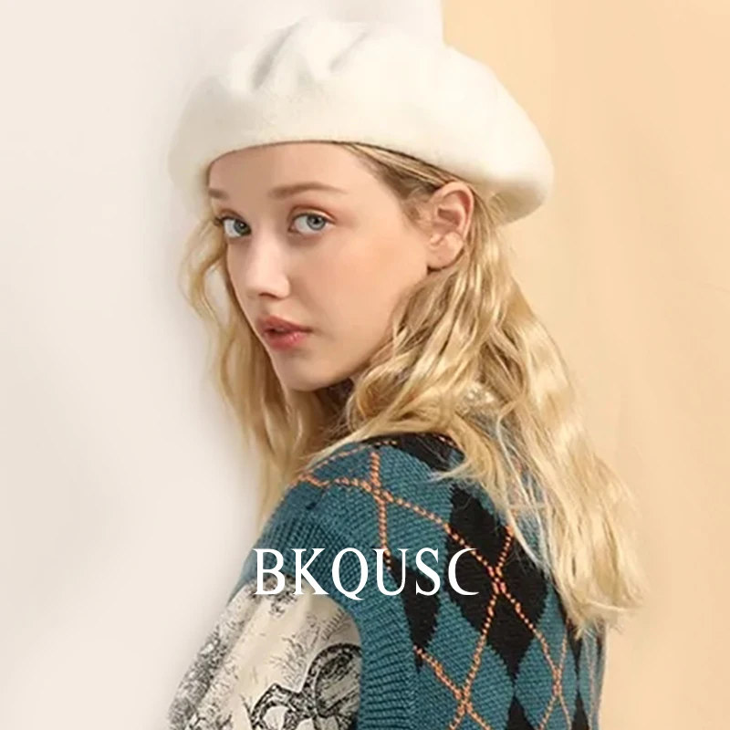 BKQUSC femmes béret artiste français laine béret chapeau 55 cm ~ 57 cm élégant dame chaud doux laine casquette chaude mode couleur unie peintre chapeau