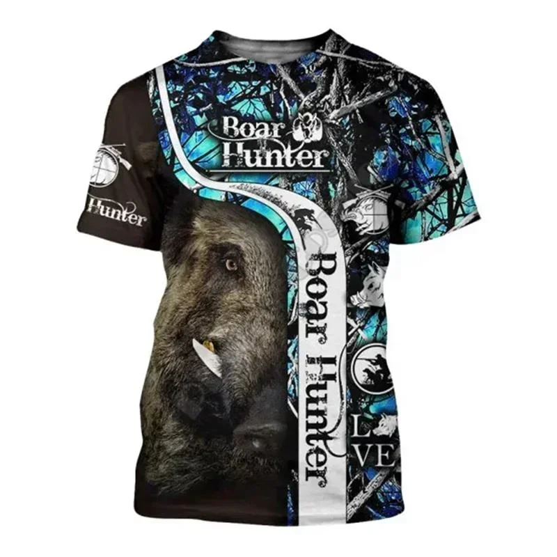 Wild Boar 3D printed T-shirt Men\'s short sleeve o collar Outdoor hunter Animal loose dry Breathable personality clothing