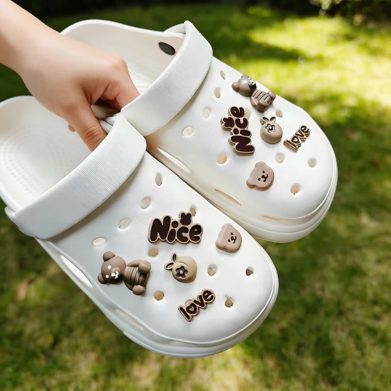 10PCS Cute Cartoon Teddy Bear Love Charm Coffee Colored Shoe Accessories Detachable Buckle Flower Shoe Charms for DIY Holiday Gi