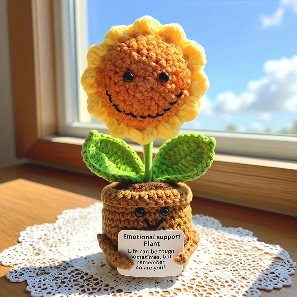 

Handmade Crochet Sunflower Emotional Support Plant – Cute Floral Decor with Inspirational Notes Window Sill Desktop Ornament for