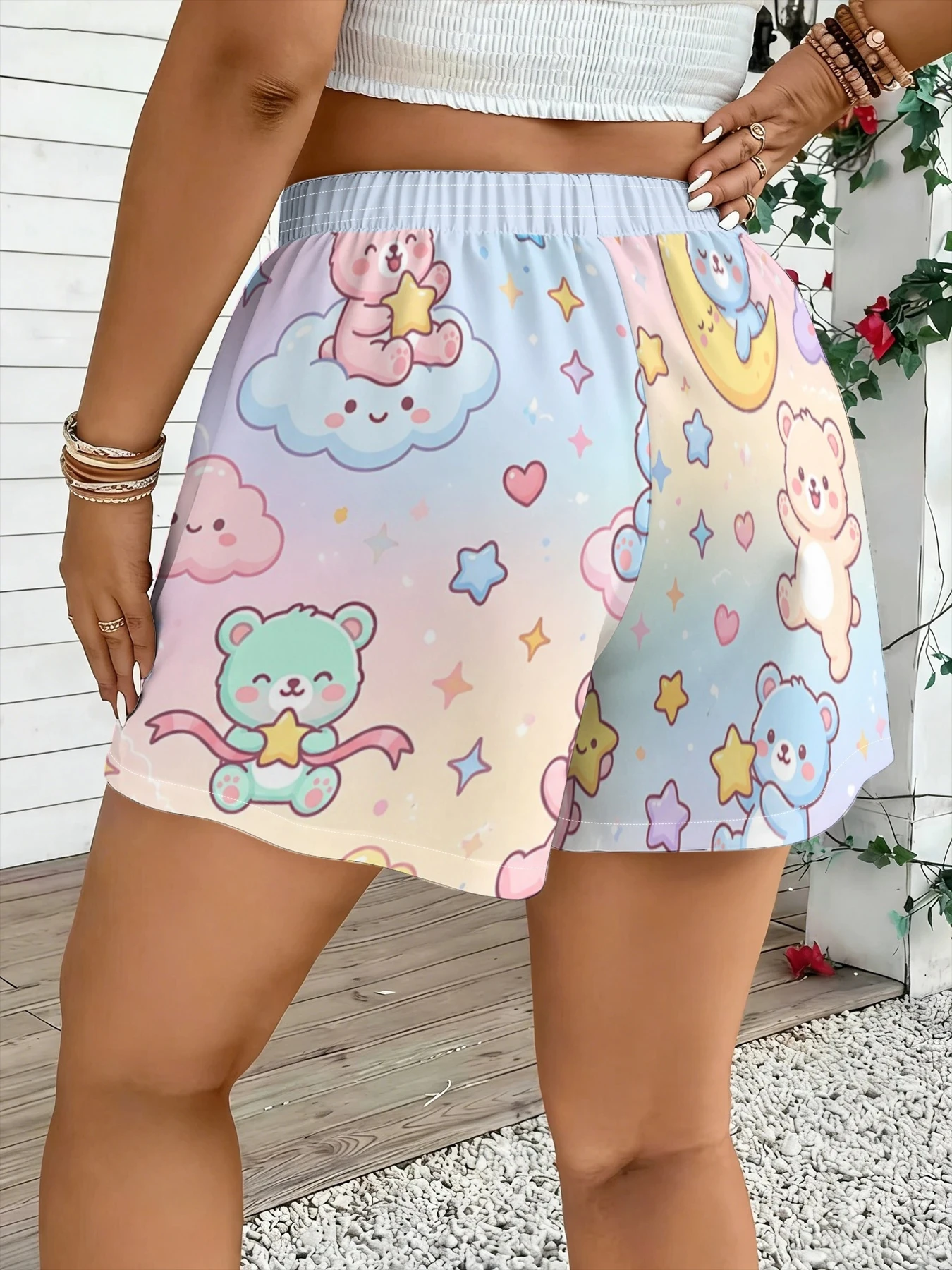 2026 New Autumn Women's Y2K Soft Cute Bear Star Moon Gradient Elastic Waist Loose Sleepwear Bottom Casual Home Shorts