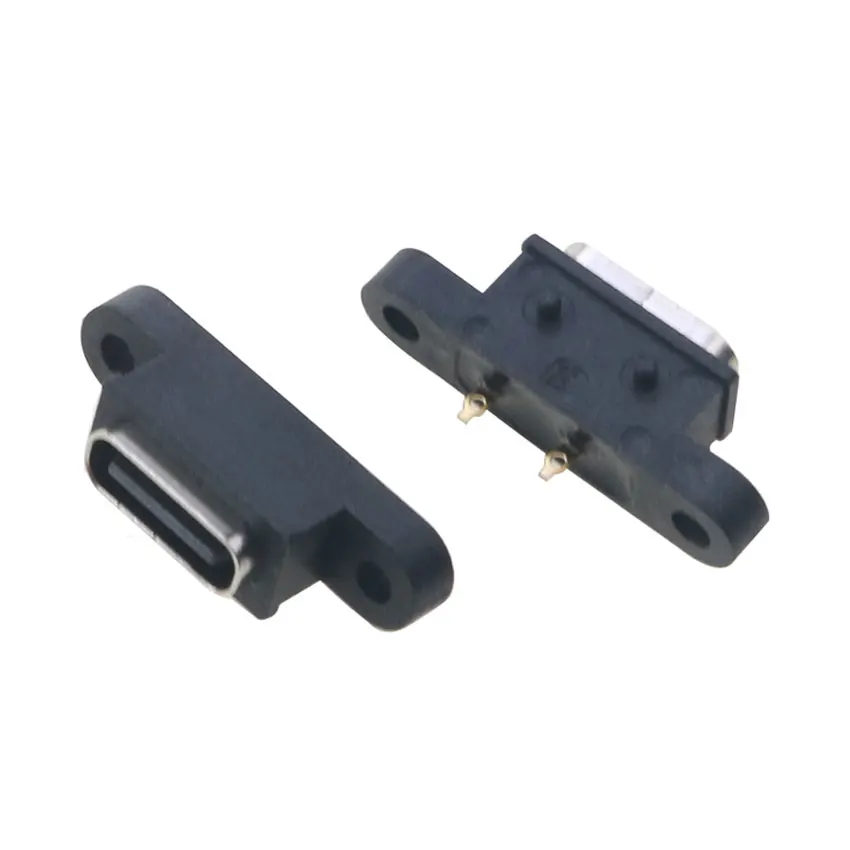 YuXi 1pc Type C 2Pin Waterproof Female USB C Socket Port With Screw Hole Fast Charge Charging Interface 180 Degree USB Connector