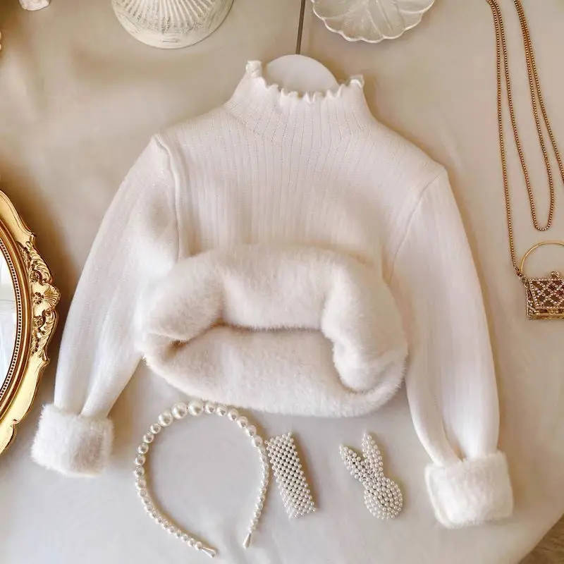 

Новинка 2023 года, зимний свитер для девочек, пуловер с высоким воротником на флисовой подкладке, толстая трикотажная шерсть для маленьких девочек от 1 до 11 лет