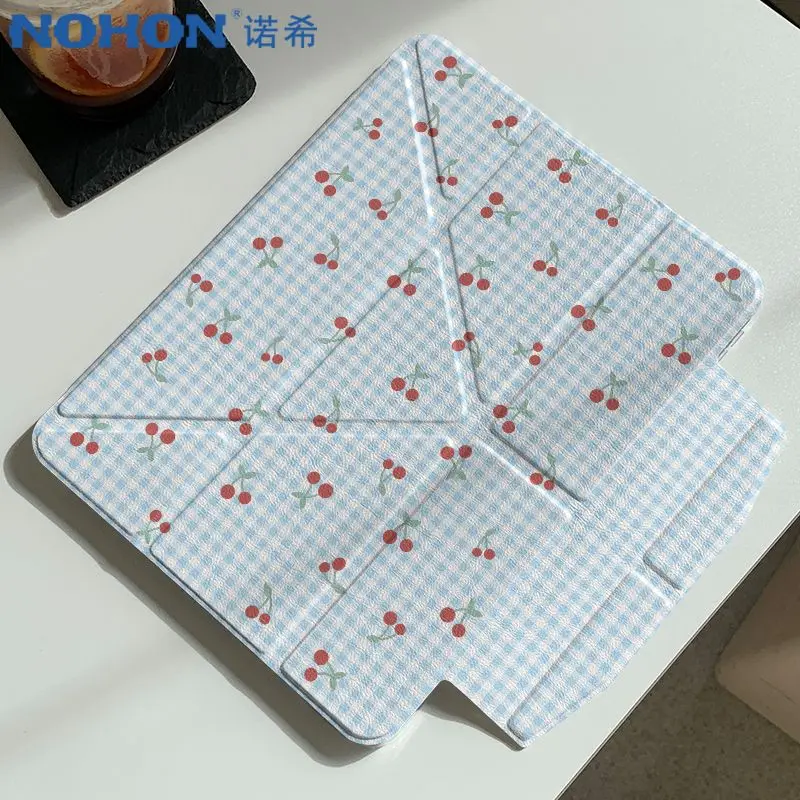 Ins Blue Cherry Pattern iPad Case For iPad Pro 11 13in 2025 iPad Pro 12.9in Air7 10th 11th M4/5 Anti-fall Magnetic Buckle Cover