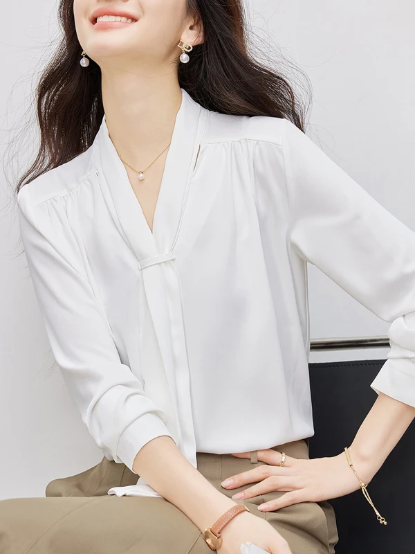 

Elegant Silk Satin Shirt Women's Professional Style Spring 2026 New Design Knot Tie Neck Long Sleeve Slim Fit Blouse