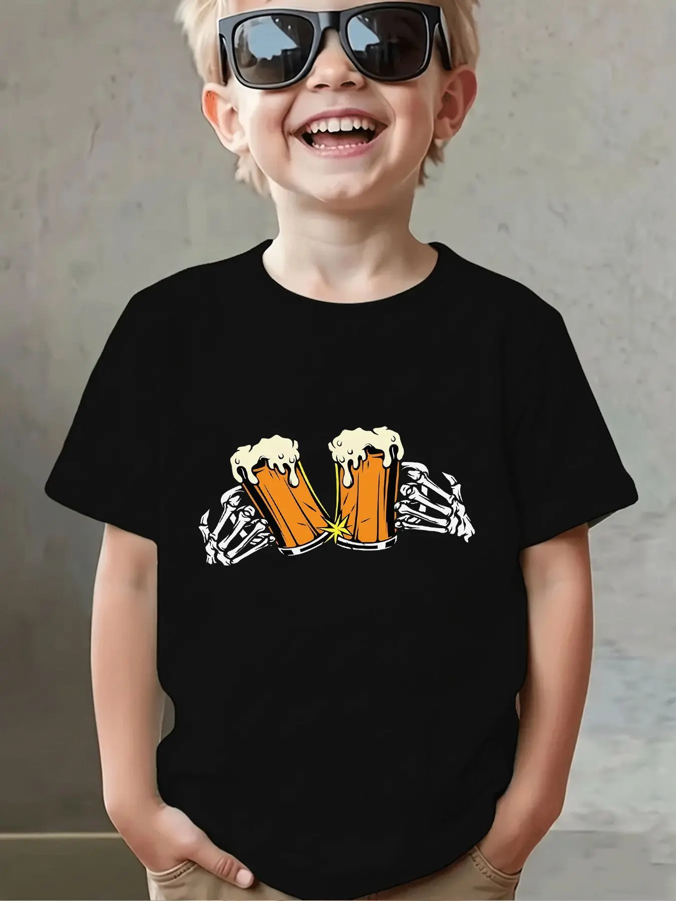 Skeleton Hands Cheers Beer Mugs Family Matching Cotton T Shirts Short Sleeve Summer Tees For Mom Dad Boys Girls Daily Tops