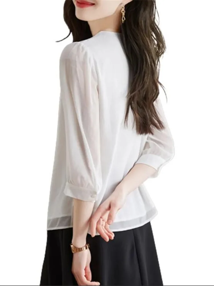 Fashion Round Neck Chiffon Shirt Women\'s Blouses Summer White Pleated Top Cardigan Female Blouses OL Leisure Feminine Blusas