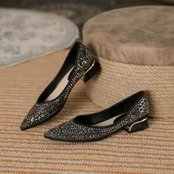 FHANCHU 2023 New Women Rhinestone Shoes,Summer Low Heels,Step-in,Hollow Out,Slip On,Pointed Toe,Black,Grey,Dropship