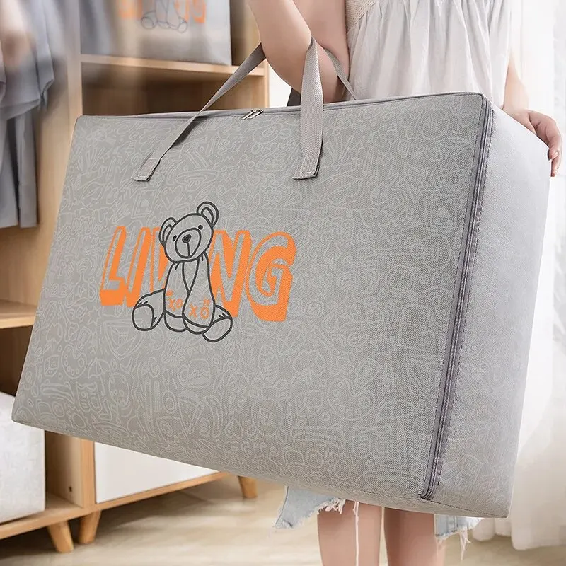 1pc Bear Pattern Clothing and Quilt Storage Bag Non-woven Fabric Thickened Bedroom Storage Travel Moving Bag