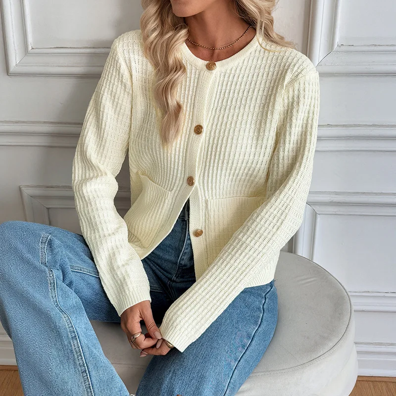 Autumn and Winter Chic Jackets Outwear Casual Korean Style Metal Button Cardigan Solid Color Sweater Jacket Women Coats