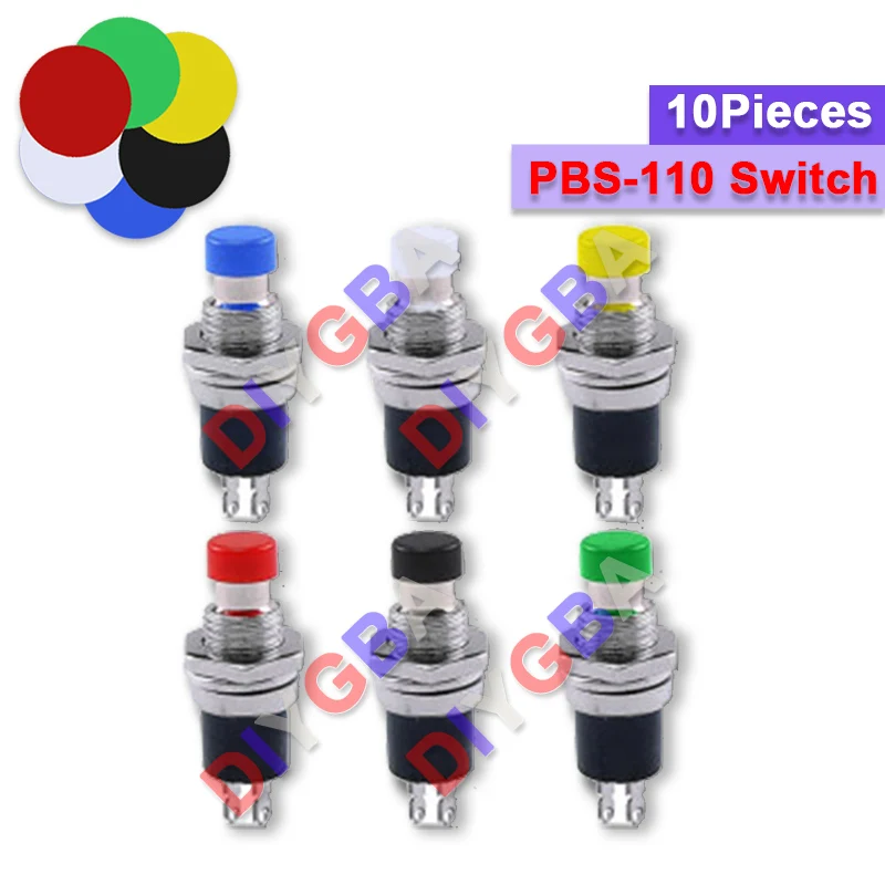 10PCS 7mm PBS-110 Momentary Push Button Switch Red Black White Blue Yellow Green  Normally Open No Lock Small Push Button Switch