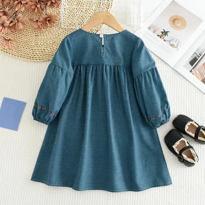 New Girls Dress Sweet Flower Embroidered Blue Dress Toddler Kids Rustic Style Outing Long Sleeve Casual Dress Party Picnic Wear