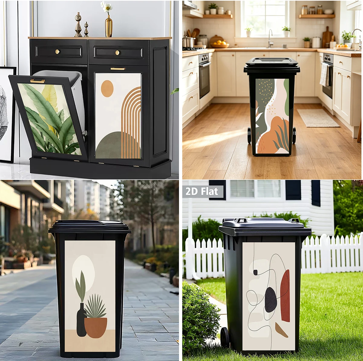 Boho Abstract Wheelie Bin Stickers Removable Waterproof PVC Cabinet Decals Geometric Plant Dustbin Outdoor Garden Kitchen Decor