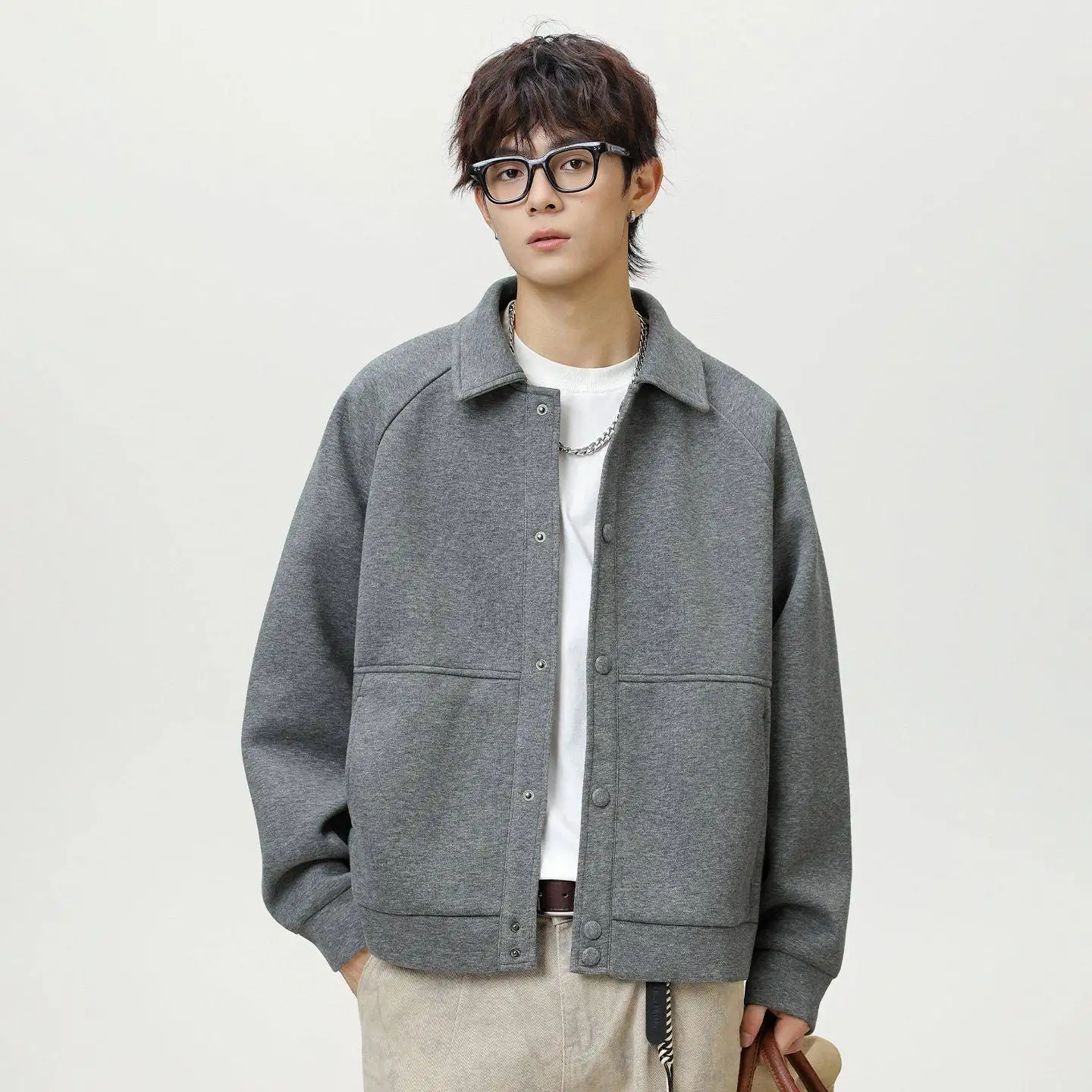 

Casual Notch Lapel Shoulder Pad Jacket Autumn New Style Trendy Brand Short Wide Shape Texture Loose Business Woolen Coat for Men