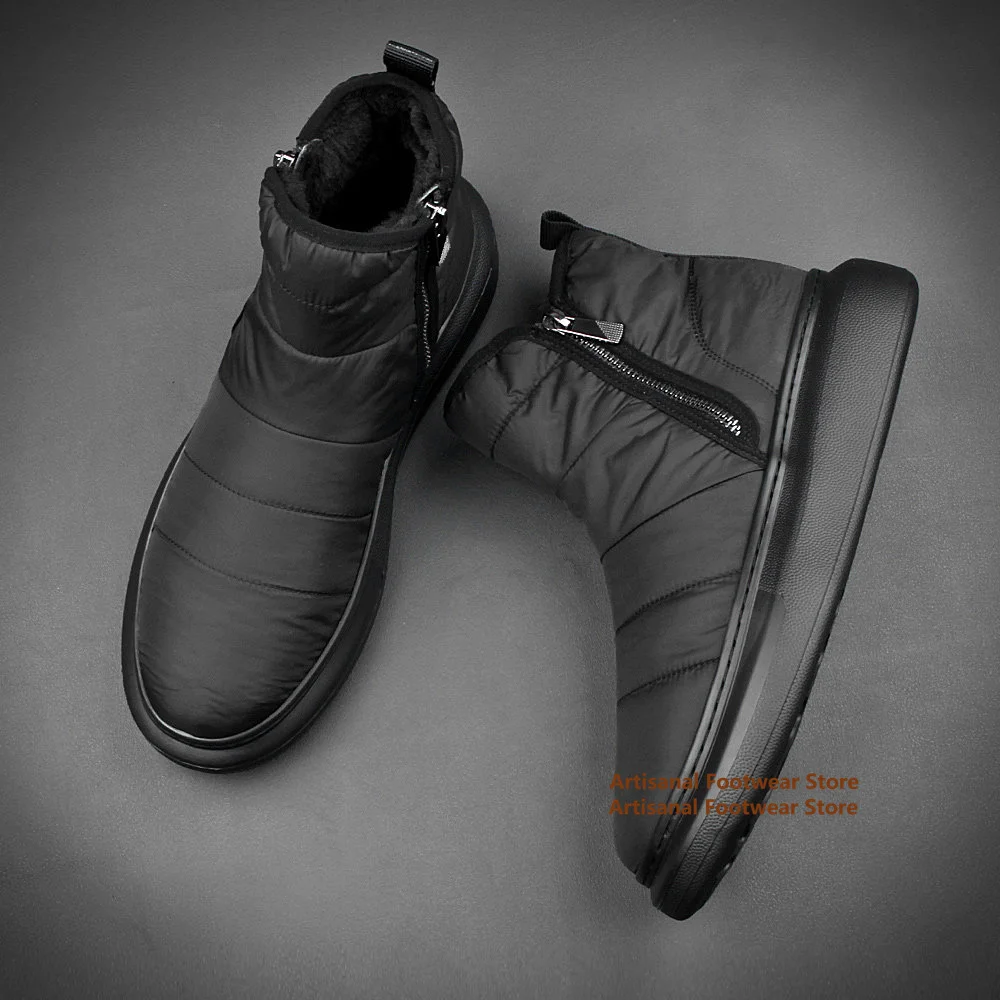 Men's Winter Snow Boots Lightweight Nylon Puffy Ankle Booties Side Zipper Thick Sole Shoes Trendy Autumn/winter Men's Boots