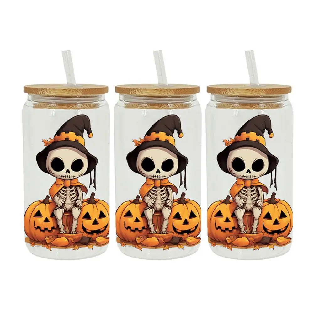 Halloween UV DTF Transfers Stickers For 16 Oz Glass Cup Mug Waterproof Halloween Pumpkin Skeleton Ghost UV DTF Cup Wraps Decals