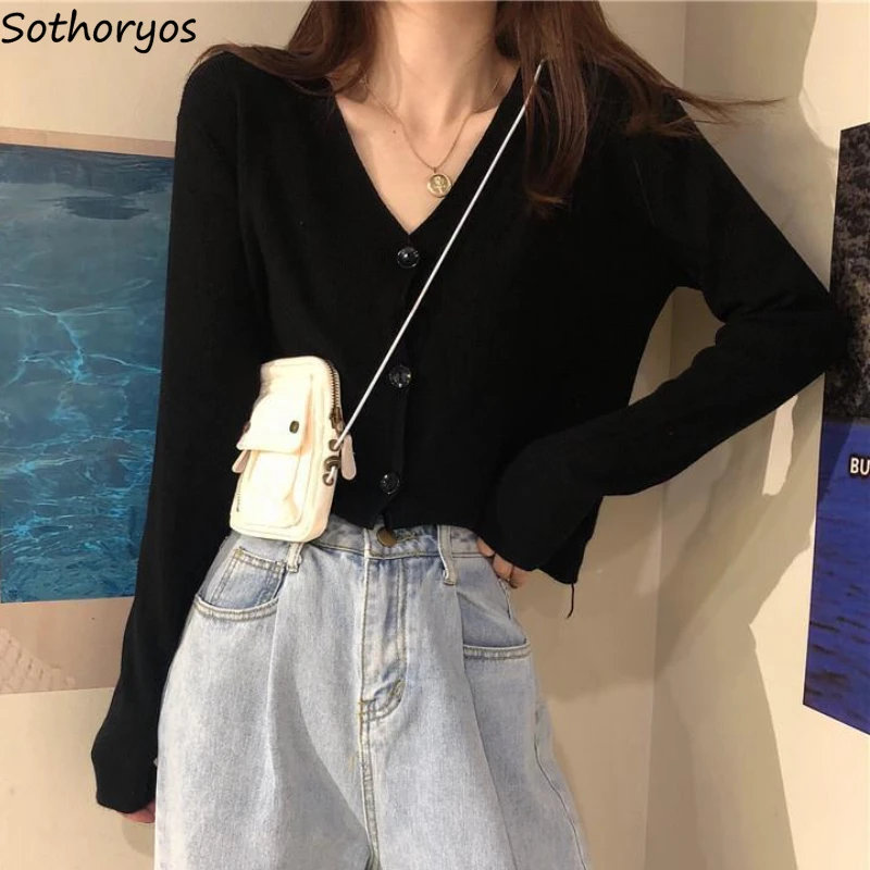 

Cardigans Women Knitted Simple Long Sleeve Cropped Autumn Clothing Korean Style Tender Mujer Pure Causal All-match Daily Elegant