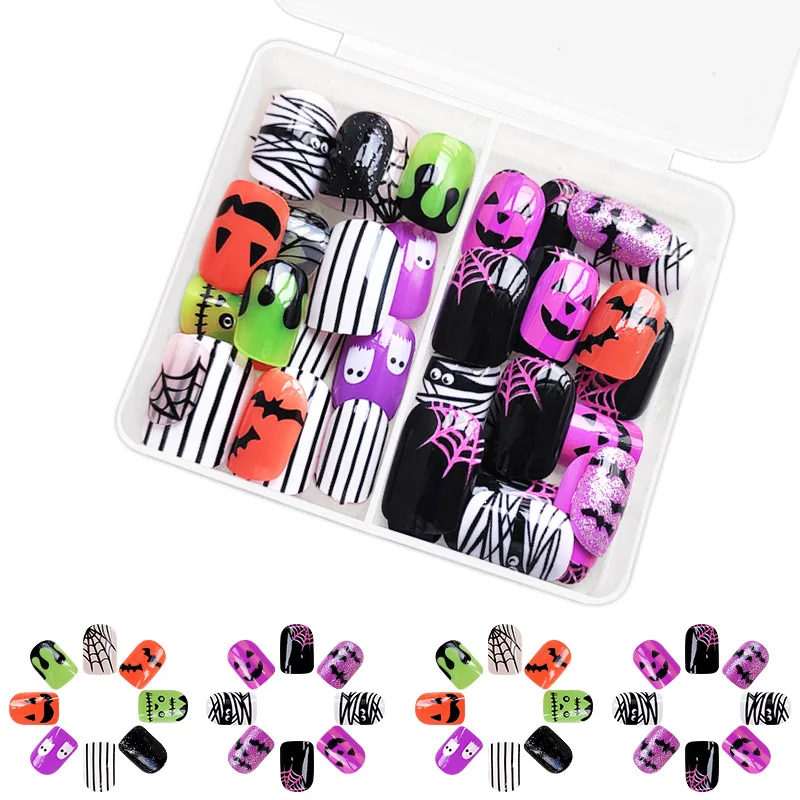 

48-Piece Set Short Glossy Square Press-On Nails Spiderweb, Bat with Ghost Face Design Perfect for Halloween Women&girls Wear