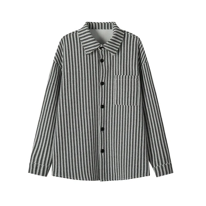 Men Striped Shirt Jacket Loose Lapel Button‑Up Shacket Long Sleeve Casual Oversized Outerwear Streetwear Male Coat