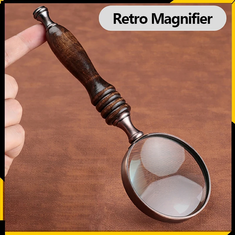 Vintage Reading Magnifier with Wooden Handle Retro Handheld Magnifying Glass For Antique Jade Jewelry Newspaper Book Reading