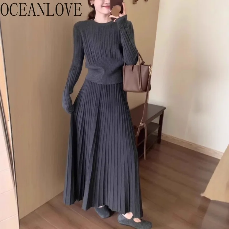 

OCEANLOVE Knitted Two Pieces Sets Women Outfits Autumn Winter Solid Sweater Skirts Set Korean Fashion Conjunto Femenino