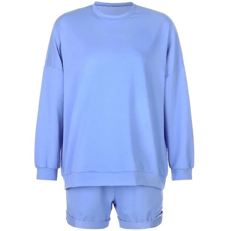 Women Autumn Winter Streetwear Tracksuits New Two-piece Suits Loose Sweatshirt and Soild Sports Shorts Sets 2 Piece Solid Suits