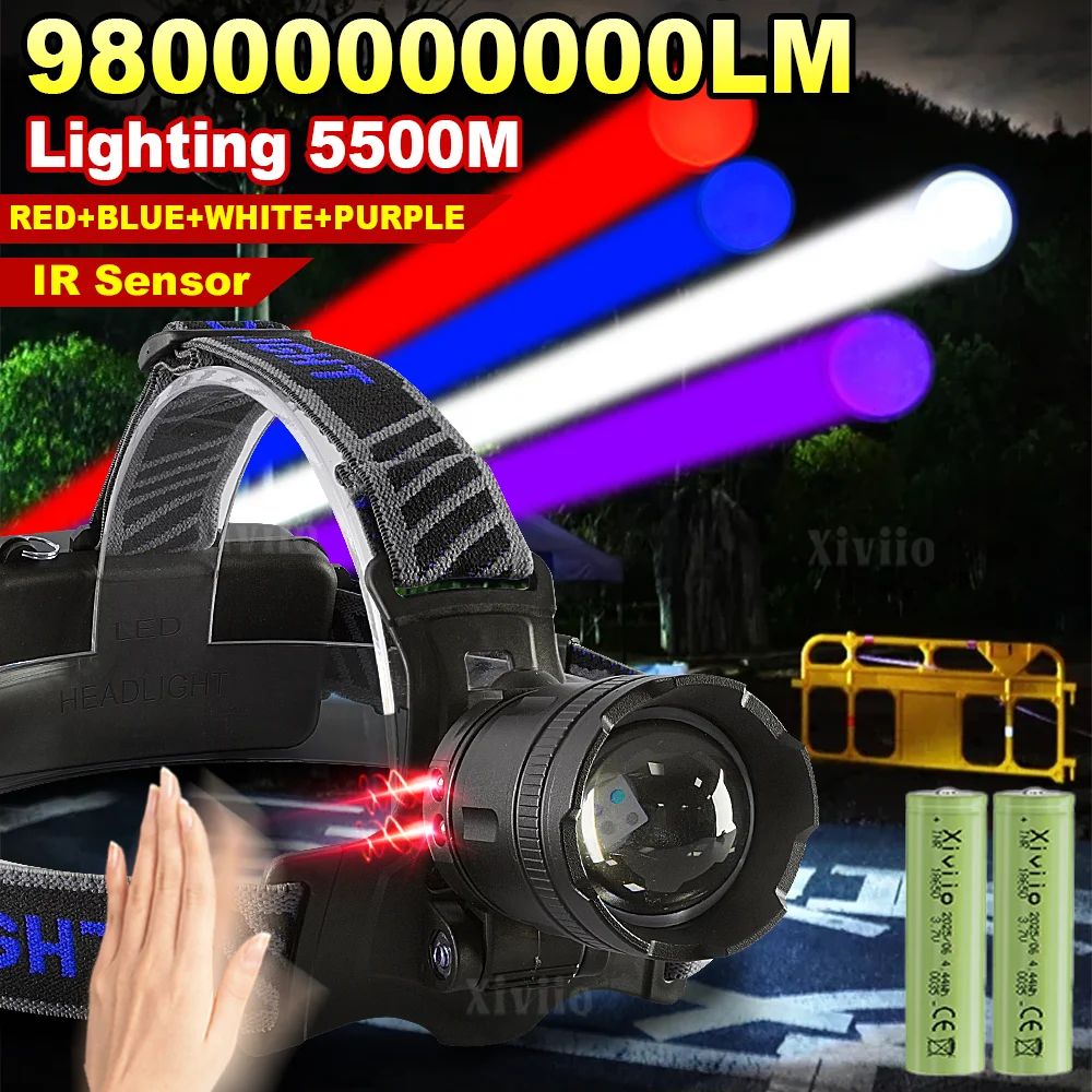 

Сверхмощный светодиодный налобный фонарь 98000000LM с ИК-датчиком, 4 режима, многоцветное освещение, перезаряжаемый, для спасательных работ, кемпинга, рыбалки
