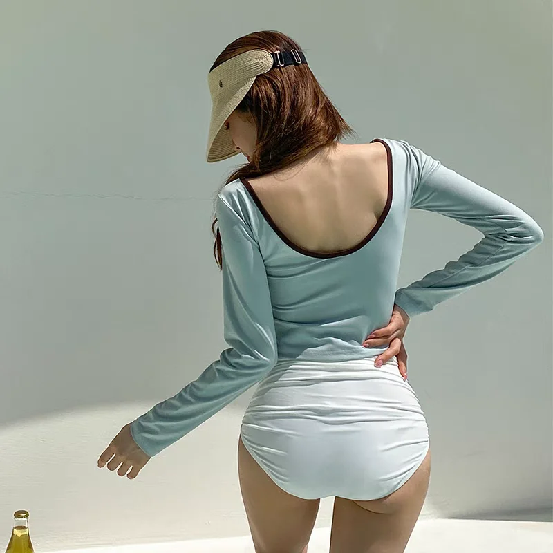 بدلة سباحة نسائية مثيرة بأكمام طويلة وخصر مرتفع لعام 2025، زي سباحة محتشم للطالبات يغطي البطن وينحف الجسم، مناسب للينابيع الس...