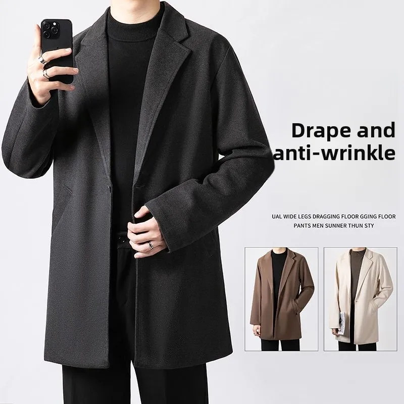 

Men's Mid-Length Woolen Coat Casual Faionable Autumn Winter Outerwear Loose Fit Korean Sle Windbreaker Urban Chic Polyest...