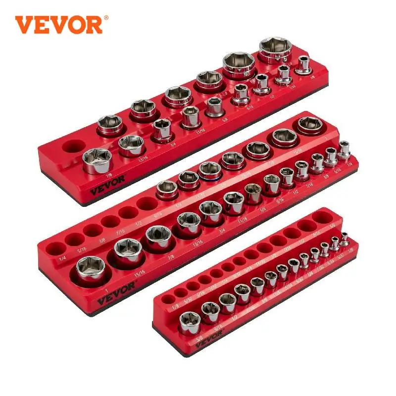 VEVOR 3-Pack SAE Magnetic Socket Organizers 1/2-inch 3/8-inch 1/4-inch Drive Socket Holders Tools Organizer for Sockets Storage