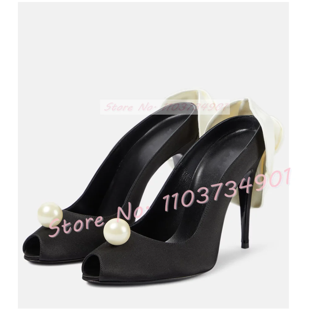 Pearl Peep Toe Black Satin Pumps With White Flower Women Classy Wedding Stiletto High Heels Shoes Ladies Party 2024 New Mules