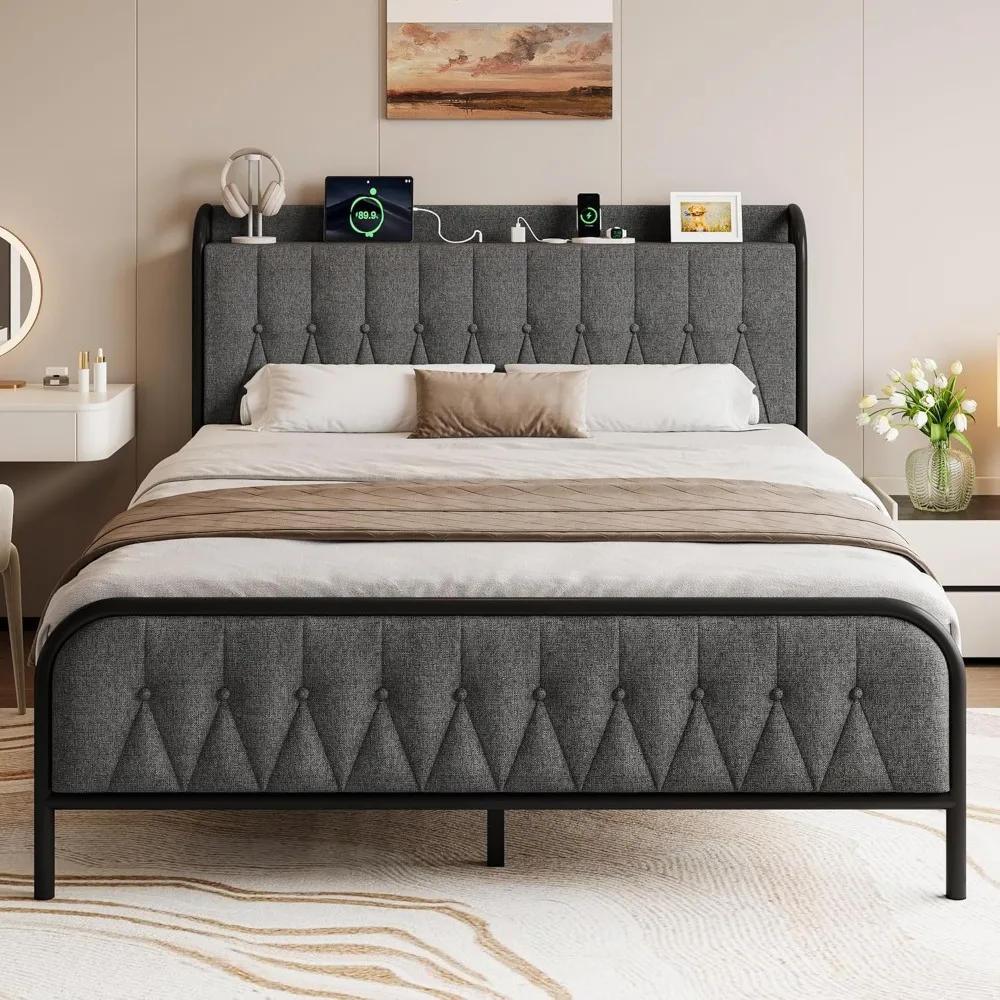 Full Size Bed Frame with Charging Station, Platform Bed with Upholstered Storage Headboard & Footboard, 12