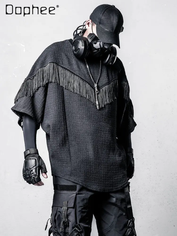 2026 Summer New Men's Dark Street Style Cool Fringe Patchwork Design Loose Casual Round Neck Batwing Sleeve T-Shirt
