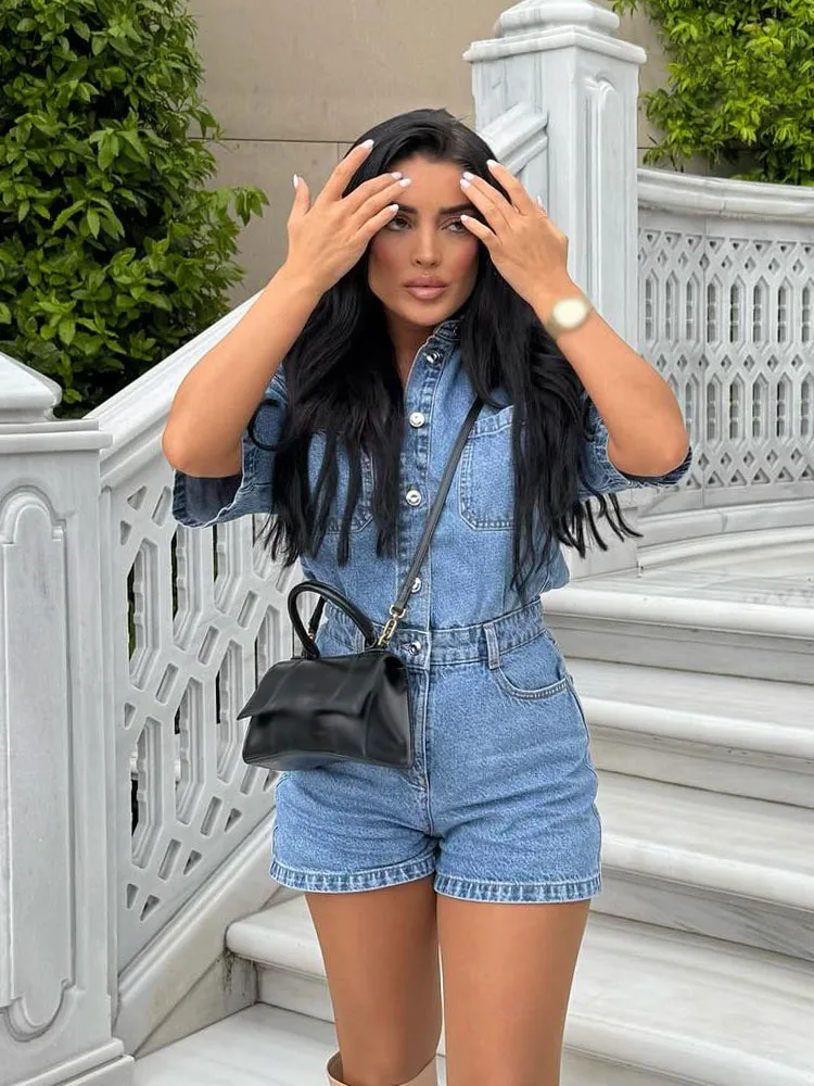 

HH Women Summer New Fashion Jumpsuits Turn-Down Collar Short Sleeve Pockets Single-Breasted Female High Street Jumpsuits