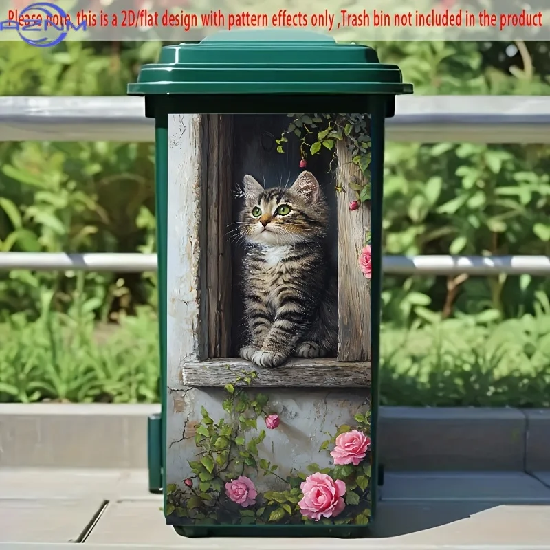1pc 2D/Flat trash bin sticker, *inch cute cat with roses by the window design, creative garbage can decal for kitchen, wall an